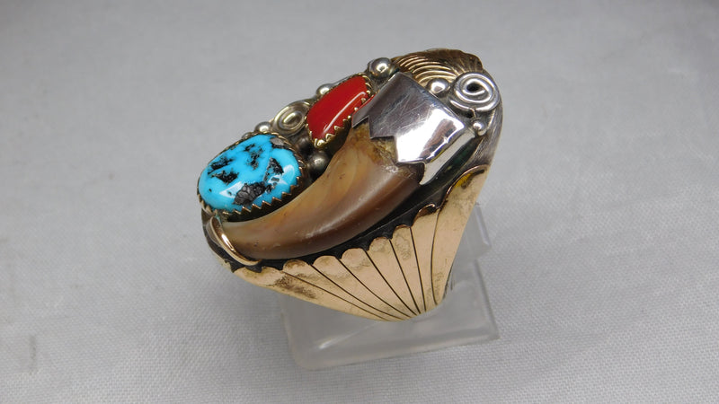 Dark Gray Navajo Sterling Silver With Bear Claw/Turquoise/Coral Vintage Mens Ring....Size 10.75