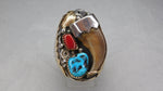 Dark Gray Navajo Sterling Silver With Bear Claw/Turquoise/Coral Vintage Mens Ring....Size 10.75