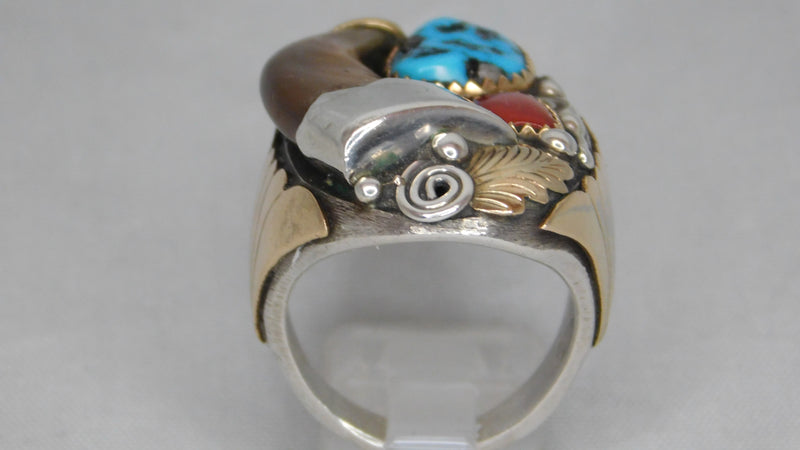 Dark Gray Navajo Sterling Silver With Bear Claw/Turquoise/Coral Vintage Mens Ring....Size 10.75