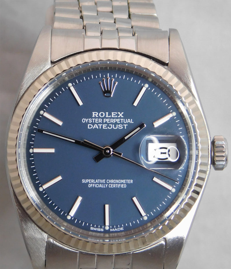 Dark Gray Rolex Datejust 1601 Solid White Gold Bezel Blue Dial 1967 Mens Watch....36mm