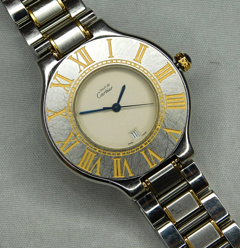 Slate Gray Cartier Must de Cartier 21 Roman Bezel Seconds Hand Date 2 Tone Mens Watch....34mm