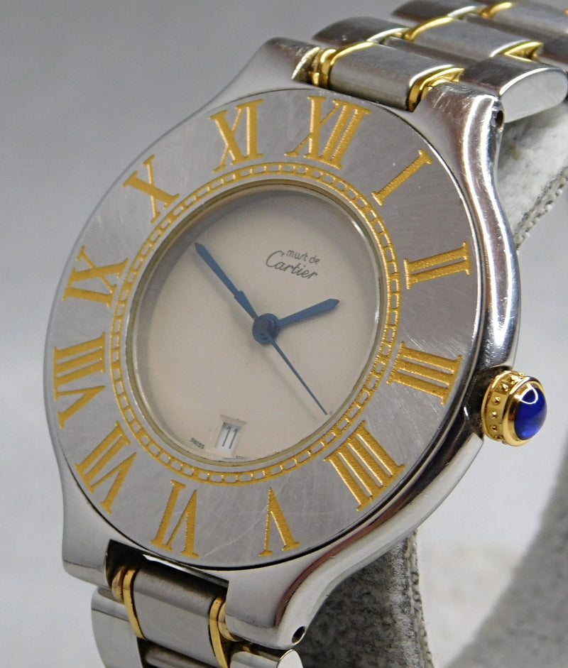 Light Slate Gray Cartier Must de Cartier 21 Roman Bezel Seconds Hand Date 2 Tone Mens Watch....34mm