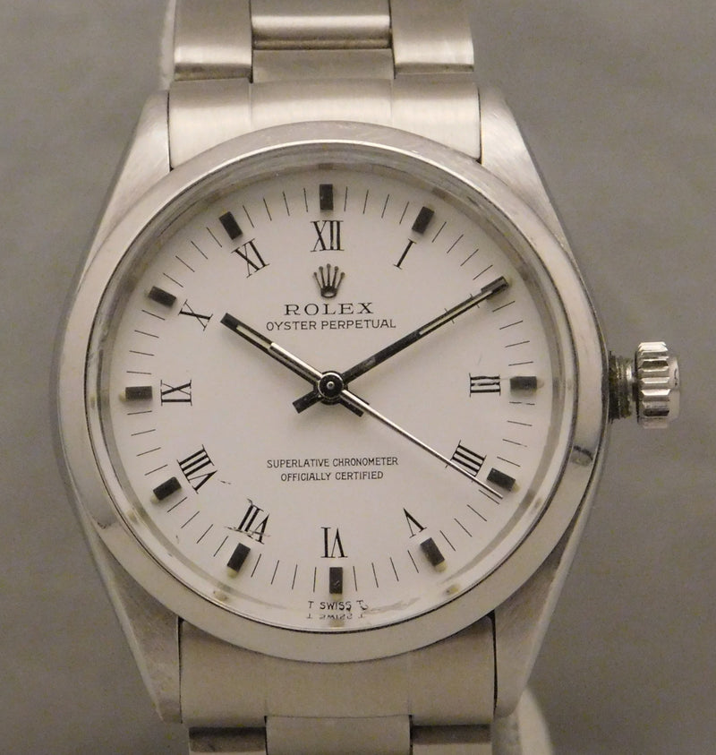Slate Gray Rolex Oyster Perpetual Stainless Steel Roman Numeral Dial 1980's Mens Watch....34mm