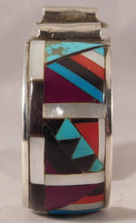 Dark Gray Zuni Inlay Turquoise Coral Jet and Mother of Pearl Cuff Bracelet Sterling Silver