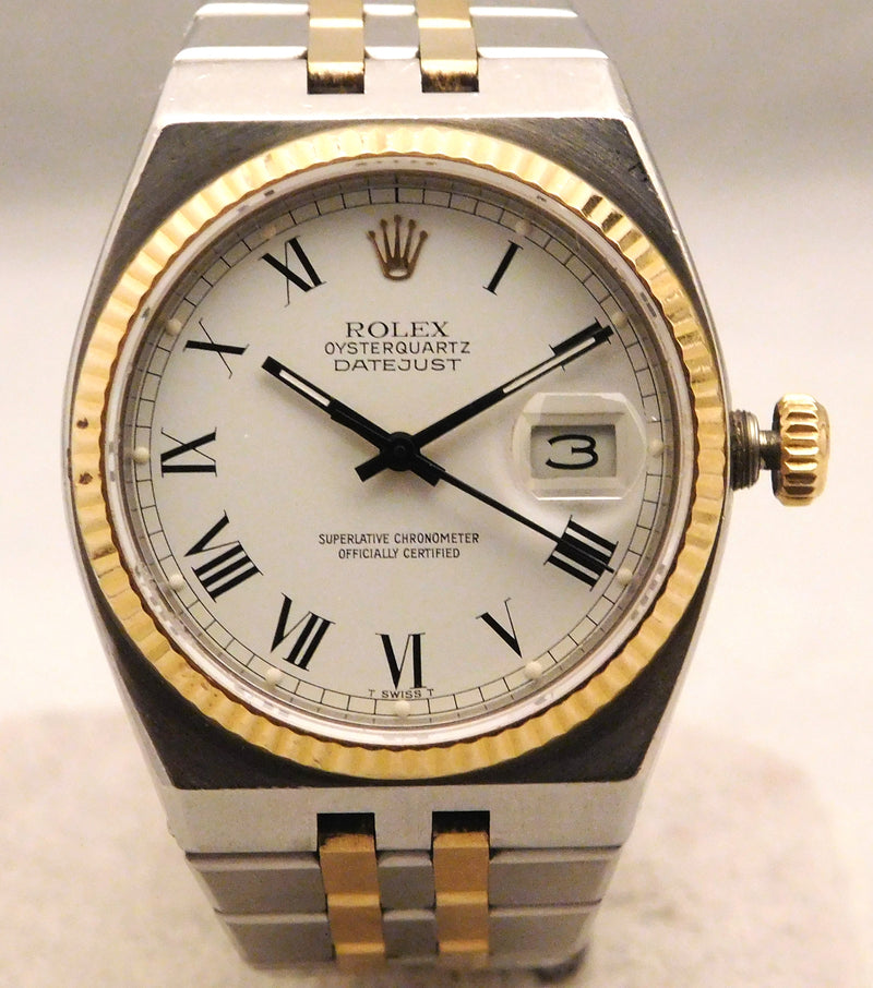Oysterquartz Datejust 17013 White Roman Dial 18k Solid Gold/SS 1 – Vincent Palazzolo