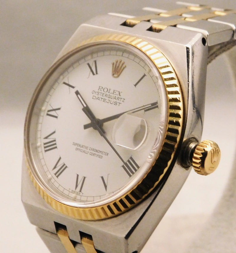 Tan Rolex Oysterquartz Datejust 17013 White Roman Dial 18k Solid Gold/SS 1986 Mens Watch....36mm