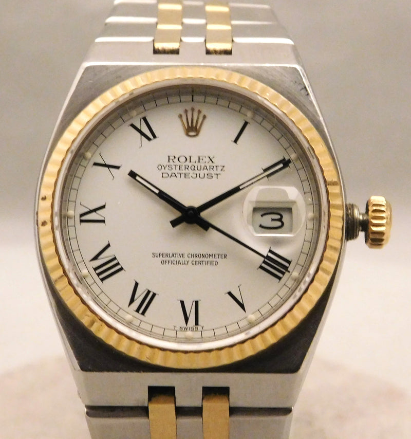 Tan Rolex Oysterquartz Datejust 17013 White Roman Dial 18k Solid Gold/SS 1986 Mens Watch....36mm