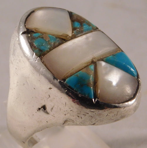 Rosy Brown Native American Turquoise & MOP Vintage Sterling Silver Mens Ring....Size10.5