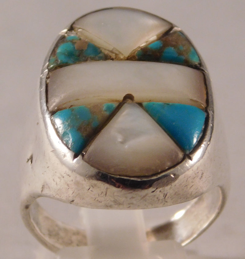 Rosy Brown Native American Turquoise & MOP Vintage Sterling Silver Mens Ring....Size10.5