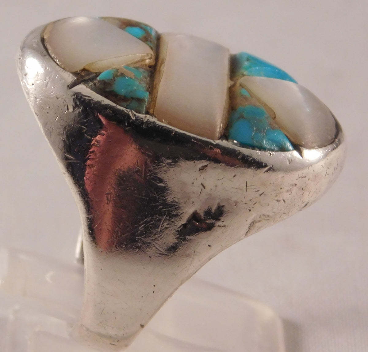 Dark Gray Native American Turquoise & MOP Vintage Sterling Silver Mens Ring....Size10.5