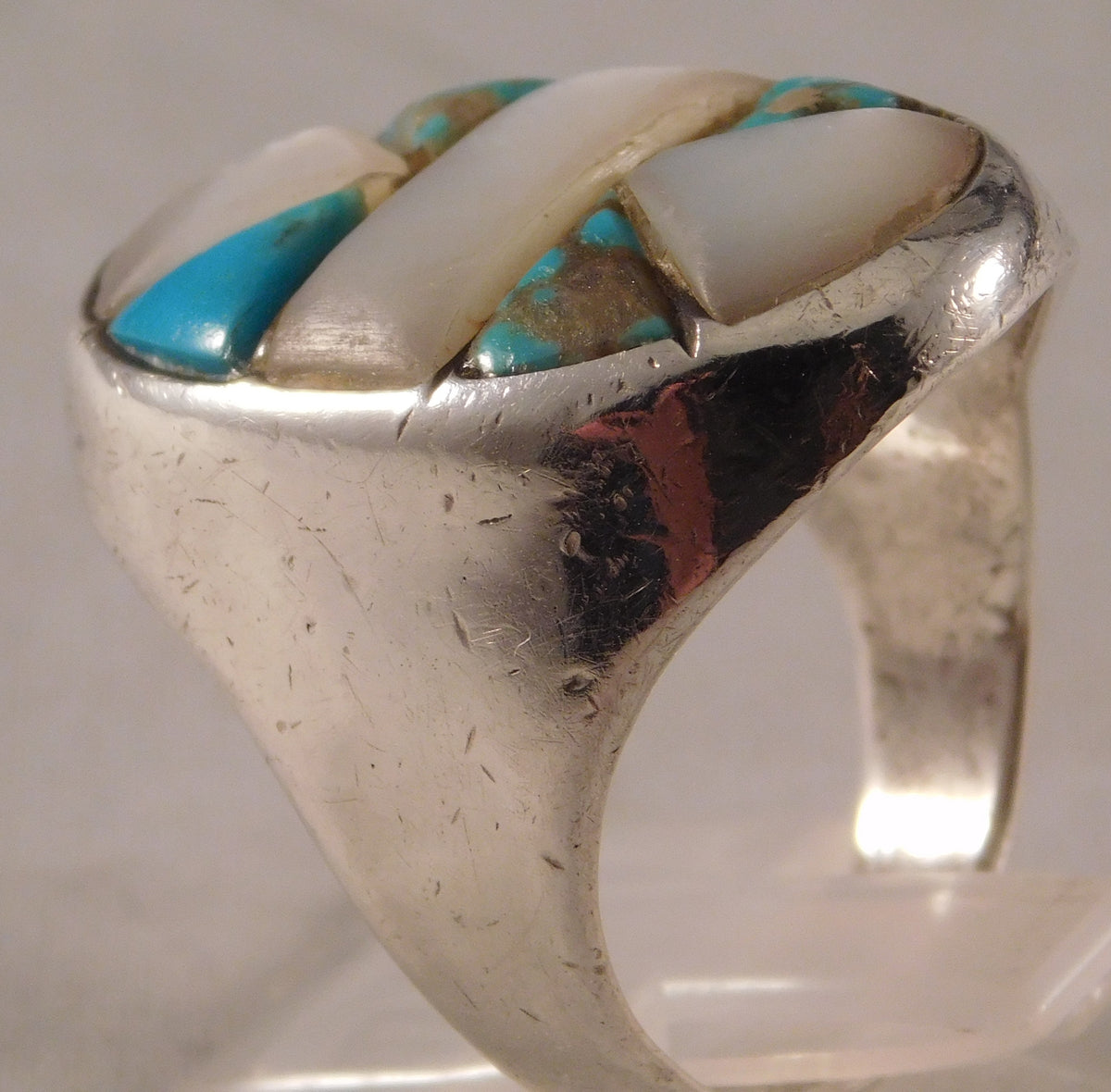 Rosy Brown Native American Turquoise & MOP Vintage Sterling Silver Mens Ring....Size10.5