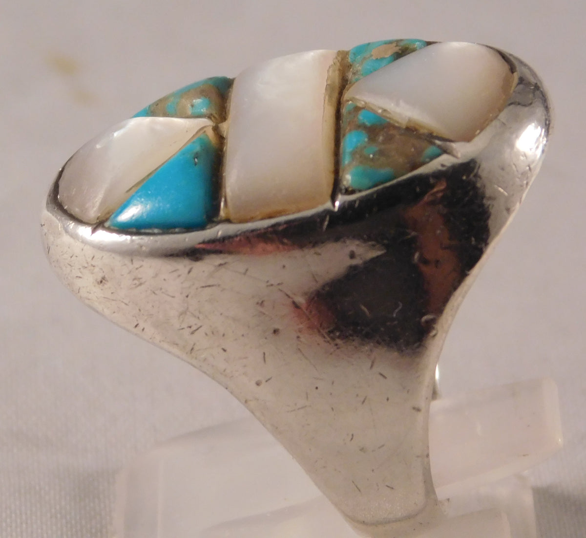 Dark Gray Native American Turquoise & MOP Vintage Sterling Silver Mens Ring....Size10.5