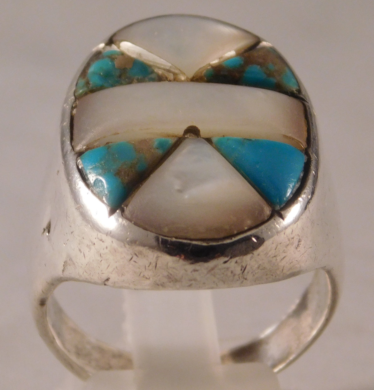 Rosy Brown Native American Turquoise & MOP Vintage Sterling Silver Mens Ring....Size10.5