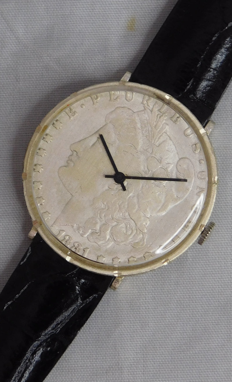 Light Slate Gray Morgan Silver Dollar Coin Watch 1881 Swiss LeJour Movement..."New In Box"...38mm