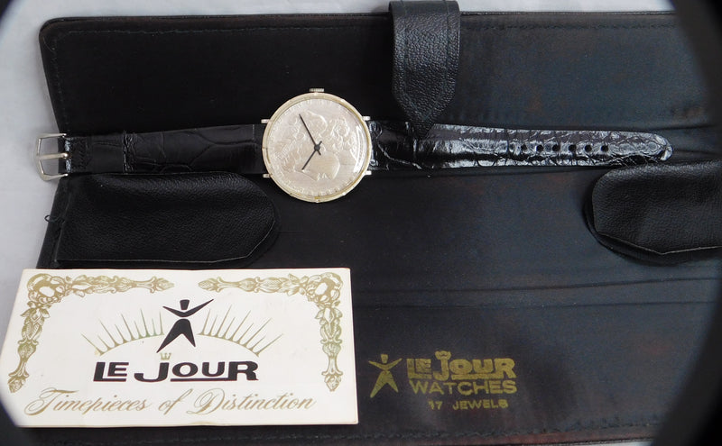 Light Gray Morgan Silver Dollar Coin Watch 1881 Swiss LeJour Movement..."New In Box"...38mm