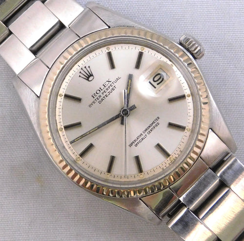 Gray Rolex Datejust 1601 SS 14k Solid White Gold Bezel Vintage 1969 Mens Watch...36mm