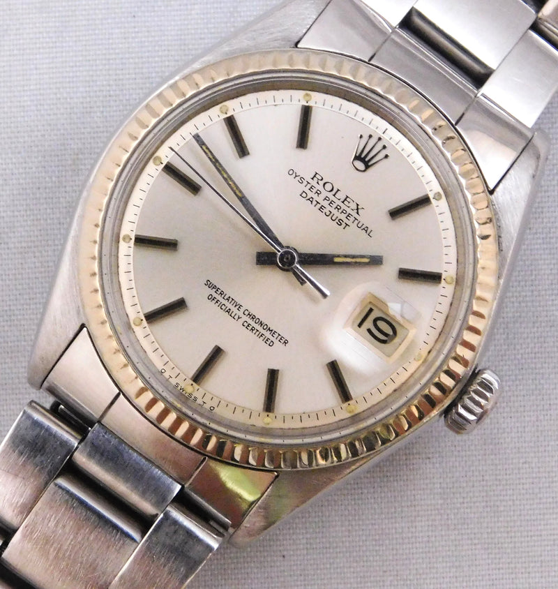 Gray Rolex Datejust 1601 SS 14k Solid White Gold Bezel Vintage 1969 Mens Watch...36mm