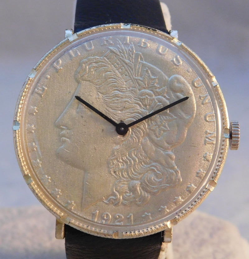 Rosy Brown Morgan Silver Dollar 1921 Coin Watch Swiss 17 Jewel Manual Wind Movement ....38mm