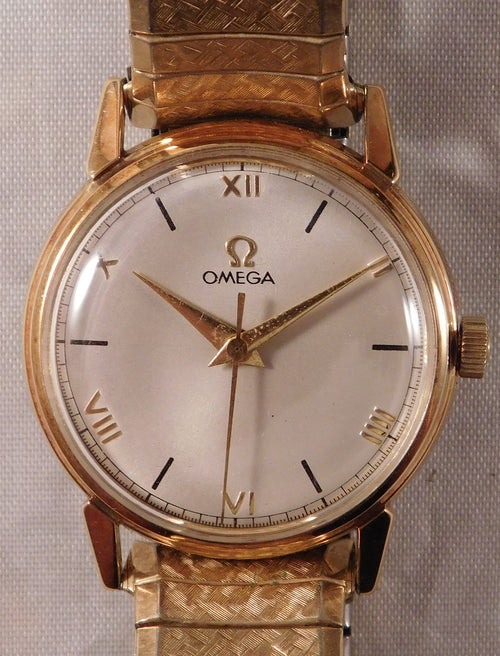 Rosy Brown Omega 14k Solid Gold Vintage 1956 Roman Numeral Dial Manual Wind Mens Watch...33mm