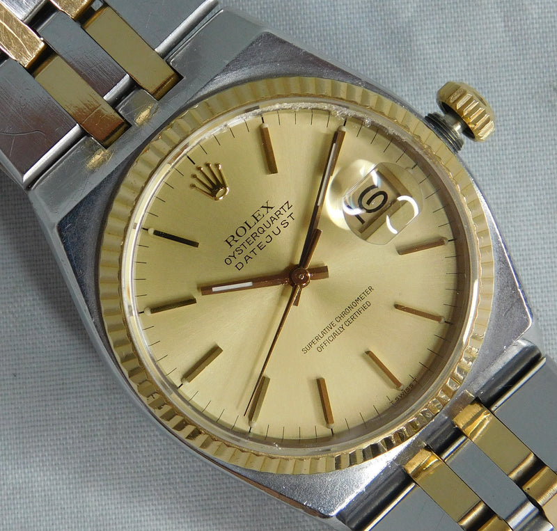 Slate Gray Rolex Oysterquartz Datejust 17013 18k Solid Gold/SS 1985 Mens Watch....36mm