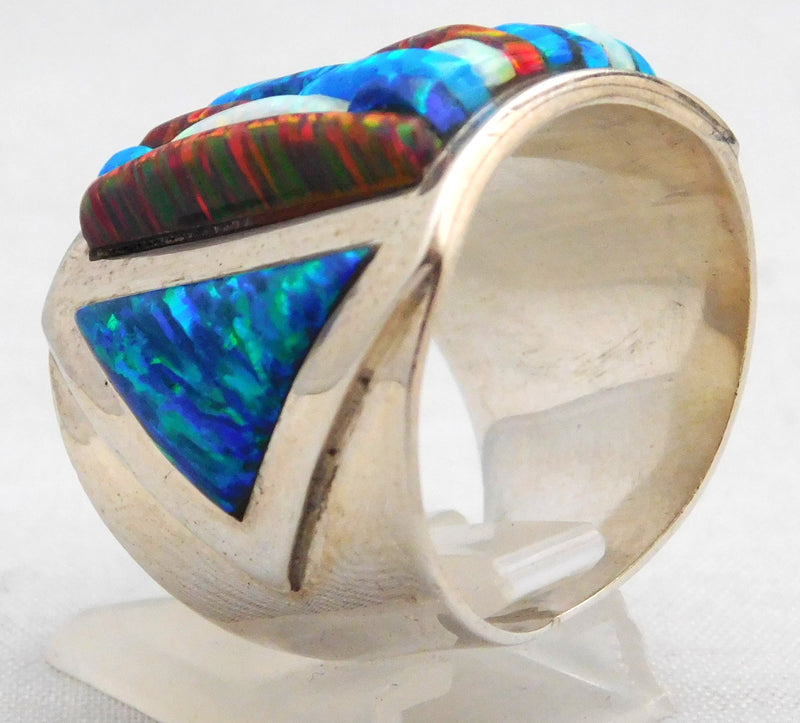 Light Gray Opal Brilliant Quad-Hued Fire Flashing Solid Sterling Silver Huge Mens Ring Size 10
