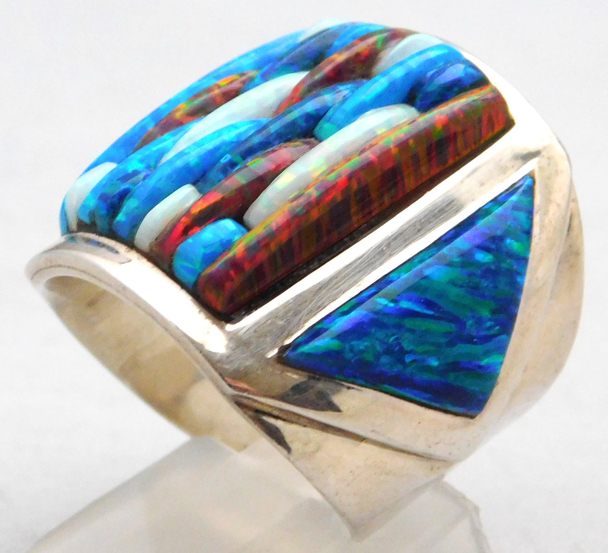 Dark Slate Blue Opal Brilliant Quad-Hued Fire Flashing Solid Sterling Silver Huge Mens Ring Size 10