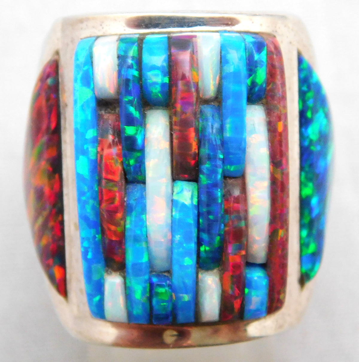 Steel Blue Opal Brilliant Quad-Hued Fire Flashing Solid Sterling Silver Huge Mens Ring Size 10