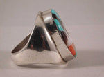 Rosy Brown Zuni Inlay Turquoise Coral Jet and Mother of Pearl Huge Mens Ring....Size 10.5