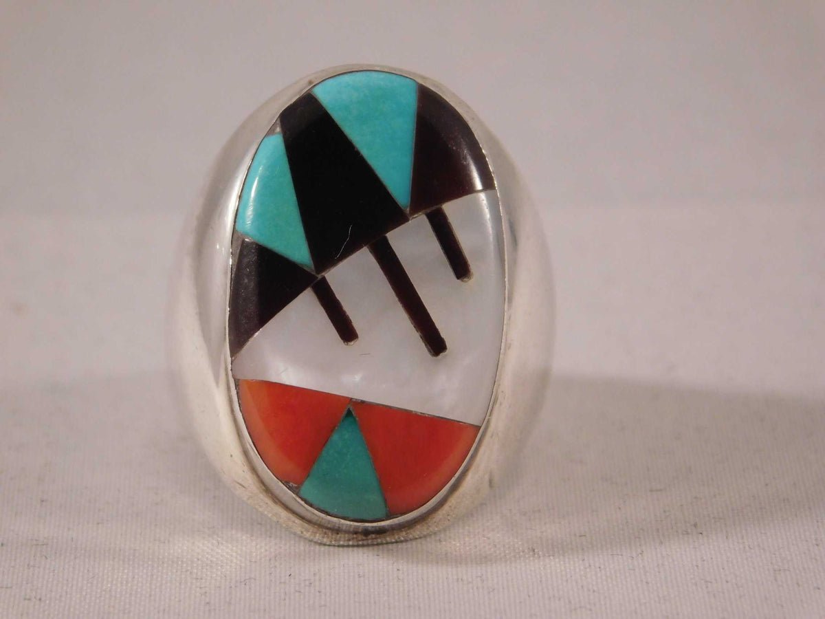 Dark Gray Zuni Inlay Turquoise Coral Jet and Mother of Pearl Huge Mens Ring....Size 10.5