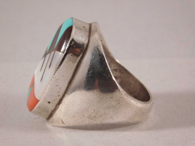 Dark Gray Zuni Inlay Turquoise Coral Jet and Mother of Pearl Huge Mens Ring....Size 10.5