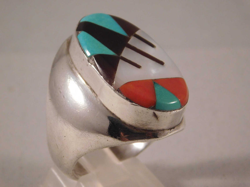 Rosy Brown Zuni Inlay Turquoise Coral Jet and Mother of Pearl Huge Mens Ring....Size 10.5