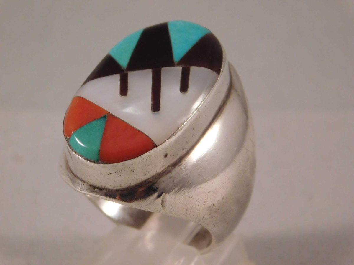 Rosy Brown Zuni Inlay Turquoise Coral Jet and Mother of Pearl Huge Mens Ring....Size 10.5