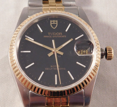 Dark Gray Rolex Tudor Prince Oysterdate 18k Solid Gold Bezel Circa 1996 Mens Watch....34mm