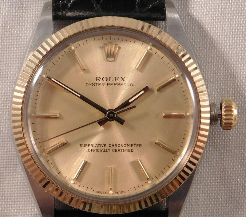 Rosy Brown Rolex Oyster Perpetual Ref. 1005 14k Solid Gold/SS Circa 1988 Mens Watch....34mm