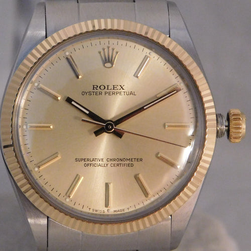 Rosy Brown Rolex Oyster Perpetual Ref. 1005 14k Solid Gold/SS Circa 1988 Mens Watch....34mm