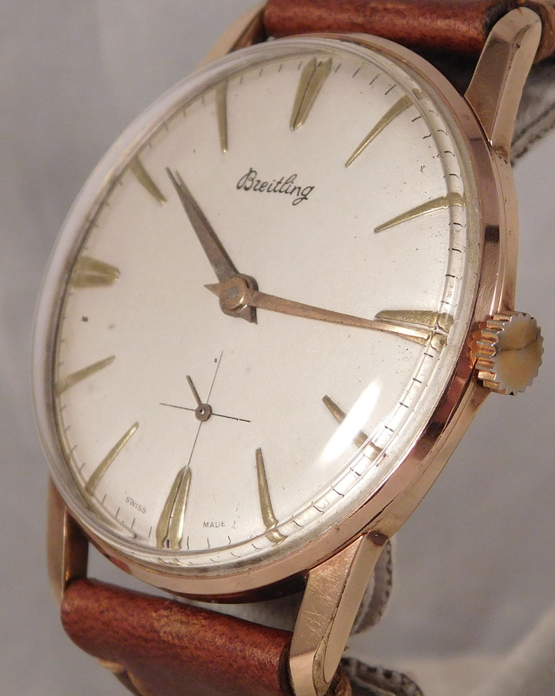 Rosy Brown Breitling Classic Gold Plated Case Silver Dial Vintage 1950's Mens Watch....37mm