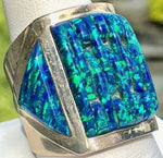 Dim Gray Opal Brilliant Blue/Green Fire Solid Sterling Silver Huge Mens Ring Size 10