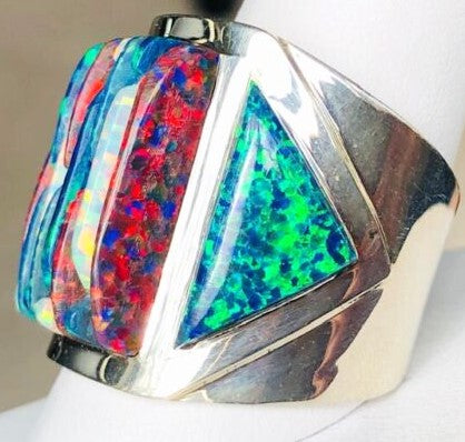 Light Gray Opal Brilliant Quad-Hued Fire Flashing Solid Sterling Silver Huge Mens Ring Size 10