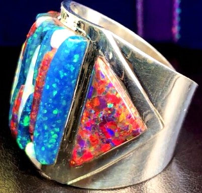 Tan Opal Brilliant Quad-Hued Fire Flashing Solid Sterling Silver Huge Mens Ring Size 10