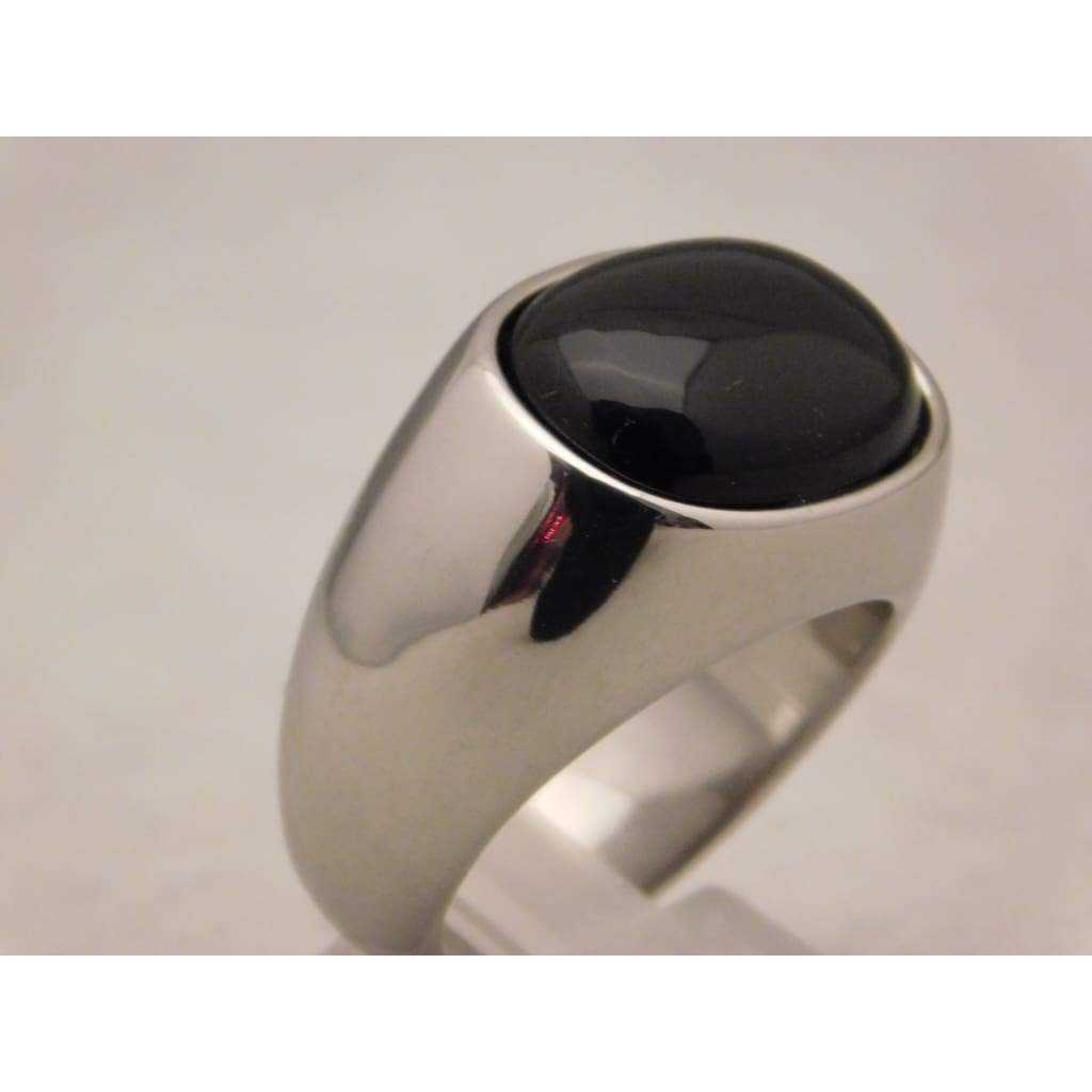 Gray Black Onyx Mens Ring in Stylish Stainless Steel Setting....Size 11
