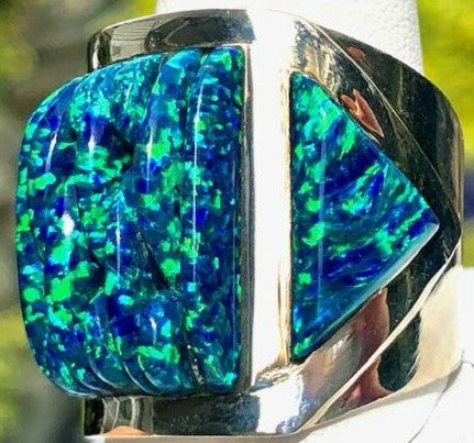 Dark Slate Gray Opal Brilliant Blue/Green Fire Solid Sterling Silver Huge Mens Ring Size 10