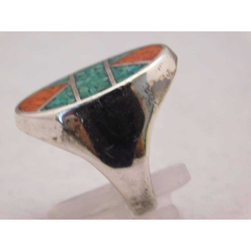 Gray Sterling Silver Crushed Red & Blue Turquoise Mosaic Pattern Mens Ring Size 10.75