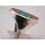 Gray Sterling Silver Crushed Red & Blue Turquoise Mosaic Pattern Mens Ring Size 10.75