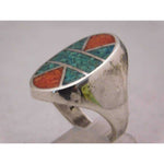 Dark Gray Sterling Silver Crushed Red & Blue Turquoise Mosaic Pattern Mens Ring Size 10.75