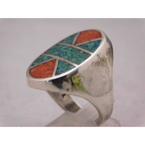 Dark Gray Sterling Silver Crushed Red & Blue Turquoise Mosaic Pattern Mens Ring Size 10.75