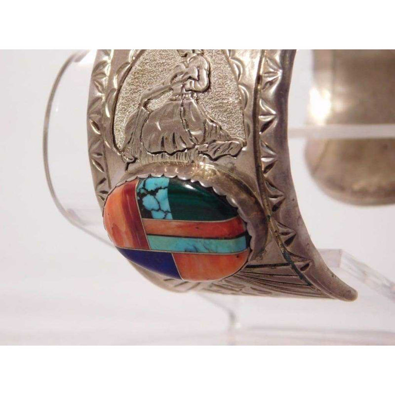 Light Gray Watch Bracelet Sterling Silver & Multi Stone Inlaid Cuff Navajo Mens