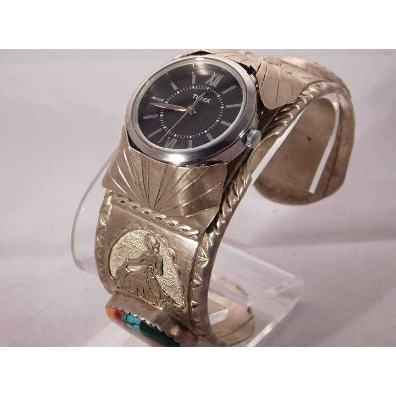Dark Gray Watch Bracelet Sterling Silver & Multi Stone Inlaid Cuff Navajo Mens