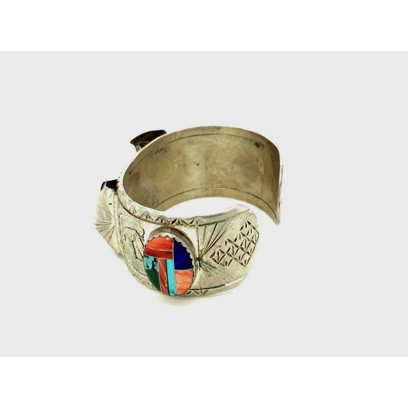 Beige Watch Bracelet Sterling Silver & Multi Stone Inlaid Cuff Navajo Mens