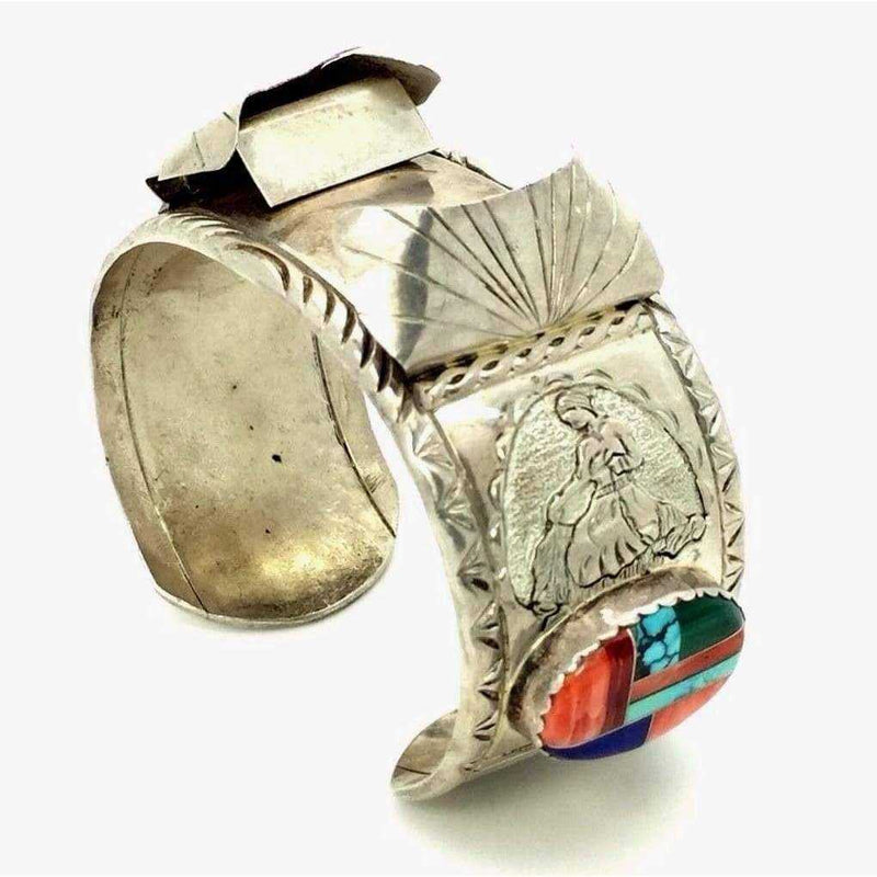 Antique White Watch Bracelet Sterling Silver & Multi Stone Inlaid Cuff Navajo Mens